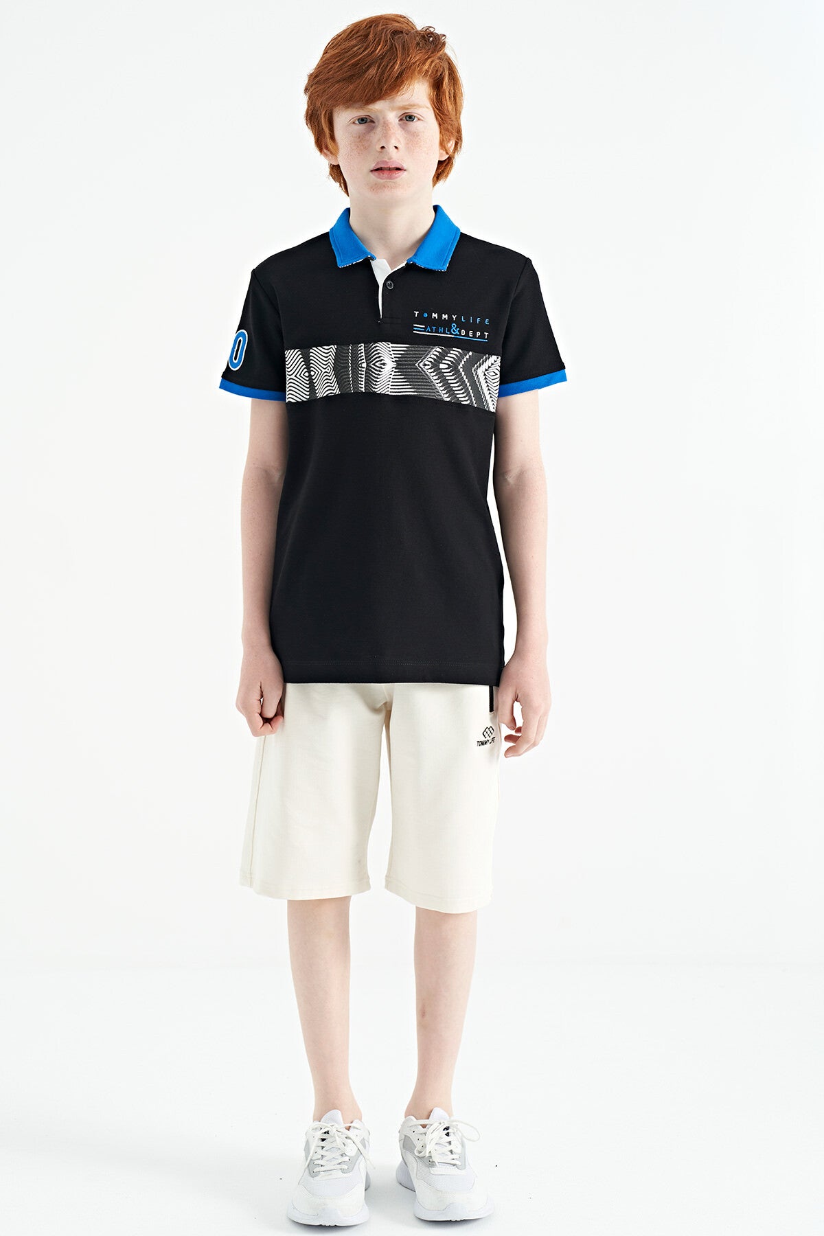 Black Striped Print Detailed Polo Collar Standard Cut Boys T-Shirt - 11162