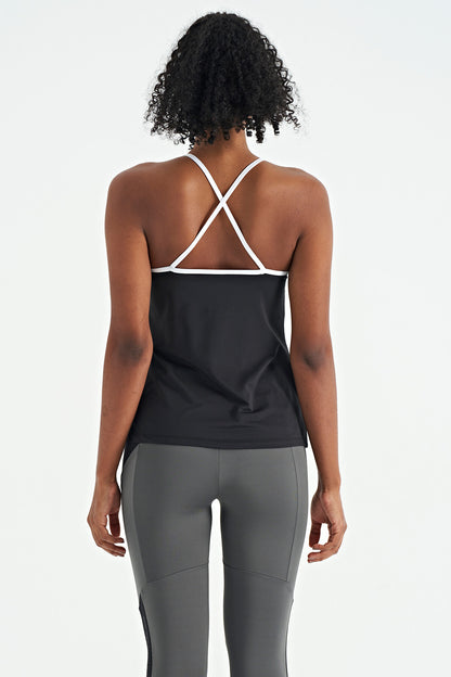 Black Back Cross Strap Detailed Standard Fit Women's Sports Singlet - 97261