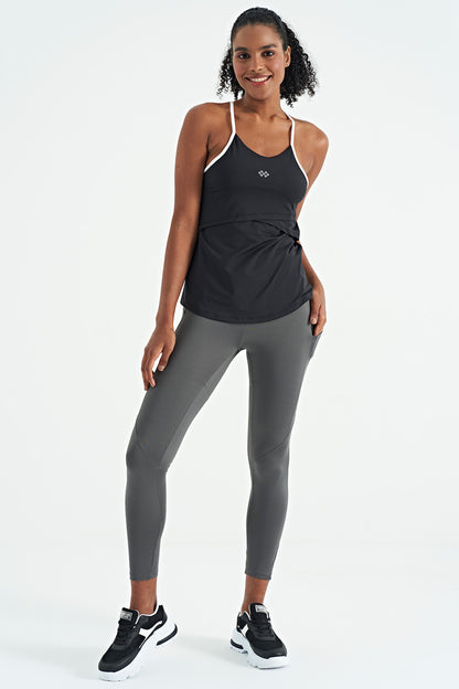 Black Back Cross Strap Detailed Standard Fit Women's Sports Singlet - 97261