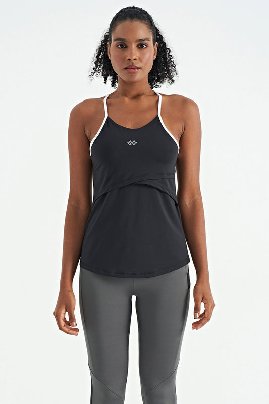 Black Back Cross Strap Detailed Standard Fit Women's Sports Singlet - 97261