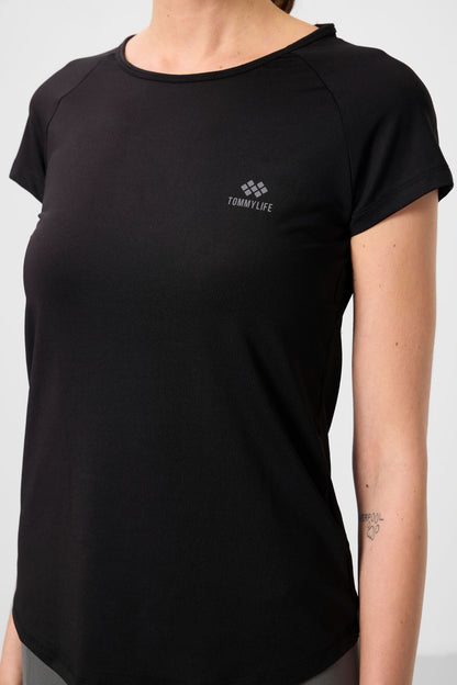 Black Back Window Short Sleeve Standard Fit O Collar Women's T-Shirt - 97101