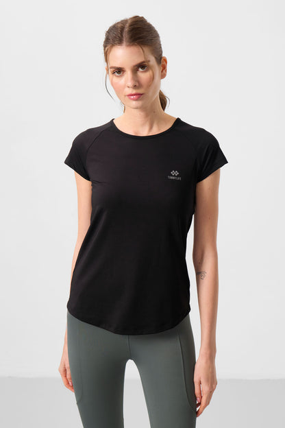 Black Back Window Short Sleeve Standard Fit O Collar Women's T-Shirt - 97101