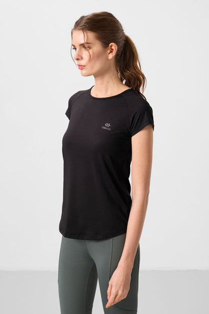 Black Back Window Short Sleeve Standard Fit O Collar Women's T-Shirt - 97101
