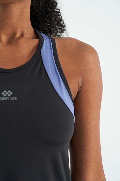 Black Back Color Detailed Logo Printed Standard Cut Women's Sports Singlet - 97257