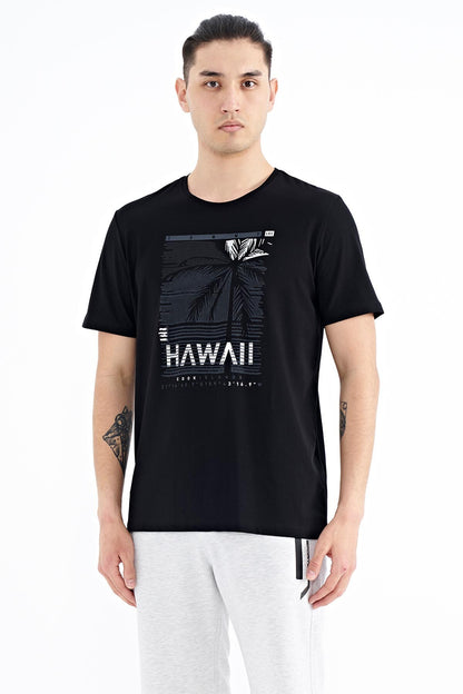 Black Slogan Printed O Collar Standard Fit Men's T-shirt - 88190