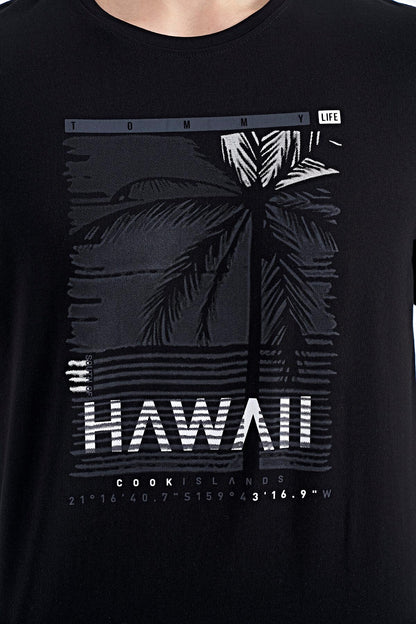 Black Slogan Printed O Collar Standard Fit Men's T-shirt - 88190