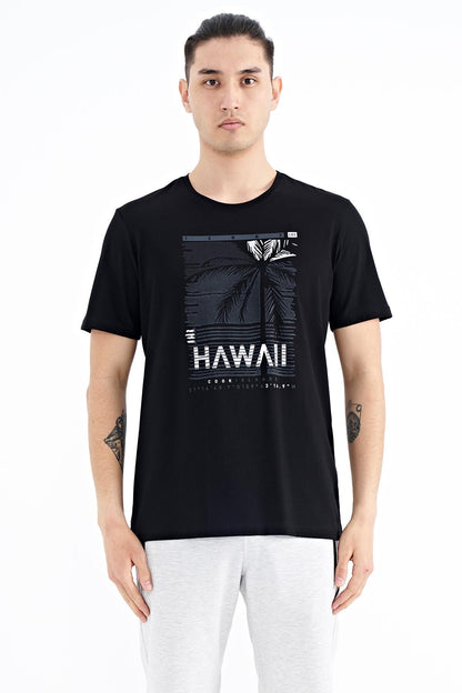 Black Slogan Printed O Collar Standard Fit Men's T-shirt - 88190