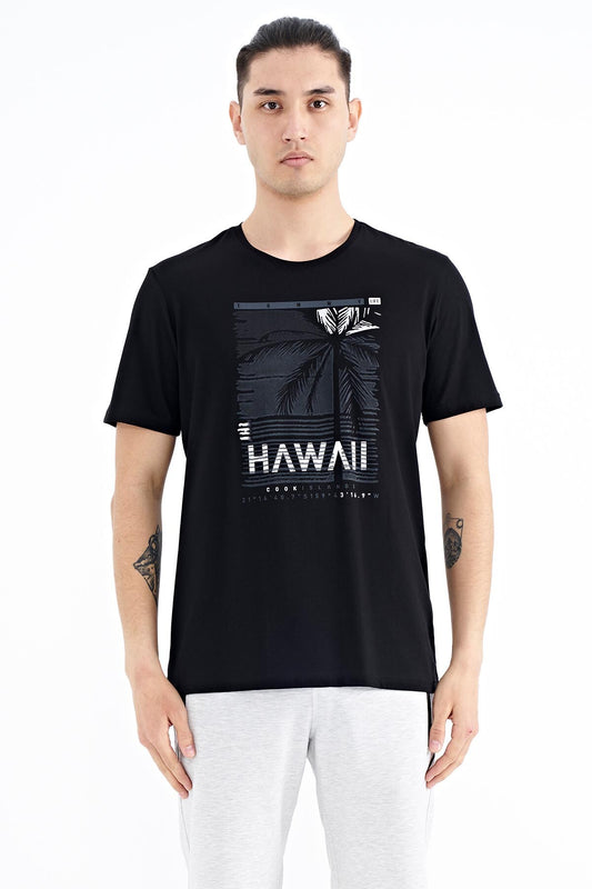 Black Slogan Printed O Collar Standard Fit Men's T-shirt - 88190