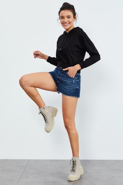 Black Long Sleeve Comfort Fit Hooded Women's Sweatshirt - 97115
