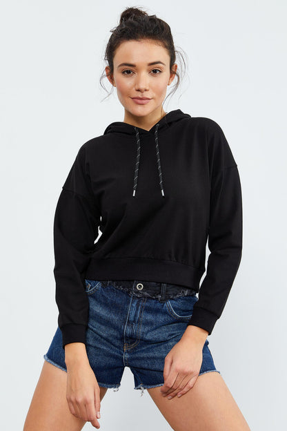 Black Long Sleeve Comfort Fit Hooded Women's Sweatshirt - 97115