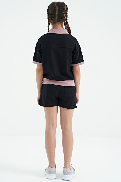 Black Collar Short Sleeve Comfort Fit Girls' Shorts Set - 75131