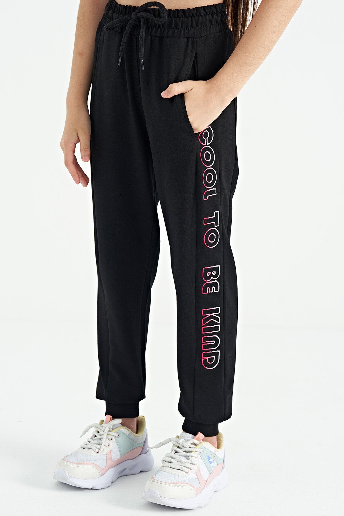 Black Side Embroidered Laced Standard Fit Jogger Girls Tracksuit Bottom - 75123