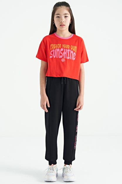 Black Side Embroidered Laced Standard Fit Jogger Girls Tracksuit Bottom - 75123