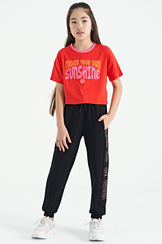 Black Side Embroidered Laced Standard Fit Jogger Girls Tracksuit Bottom - 75123