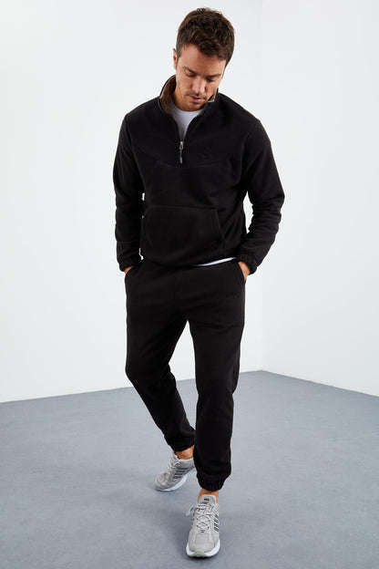 Black Half-Zip Stand Collar Elastic Cuff Fleece Men's Tracksuit Set - 85159