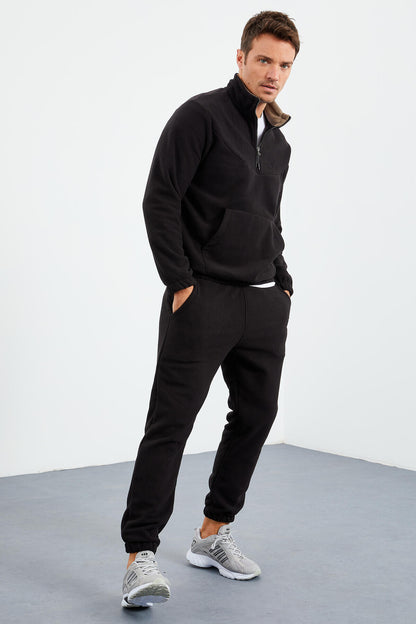 Black Half-Zip Stand Collar Elastic Cuff Fleece Men's Tracksuit Set - 85159