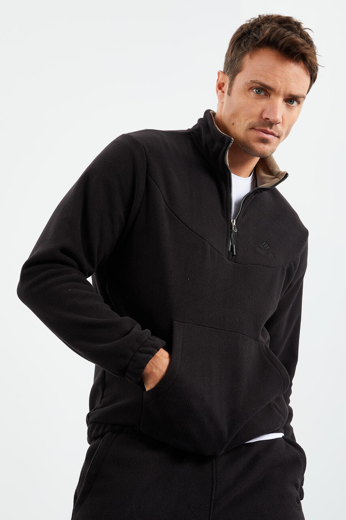 Black Half-Zip Stand Collar Elastic Cuff Fleece Men's Tracksuit Set - 85159