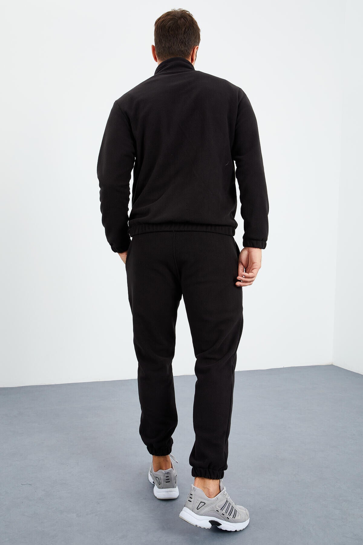 Black Half-Zip Stand Collar Elastic Cuff Fleece Men's Tracksuit Set - 85159