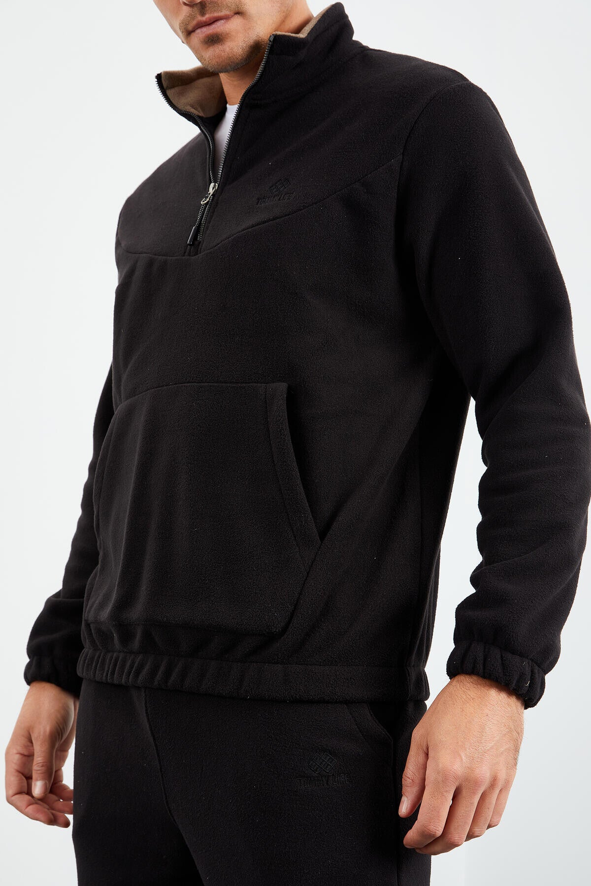 Black Half-Zip Stand Collar Elastic Cuff Fleece Men's Tracksuit Set - 85159