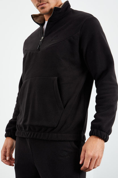 Black Half-Zip Stand Collar Elastic Cuff Fleece Men's Tracksuit Set - 85159