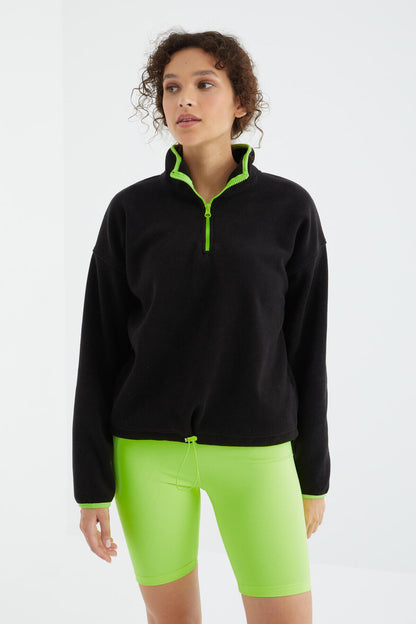 Black Half-Zip Skirt with Gathered Hem High Collar Oversize Women's Fleece Sweatshirt - 97234