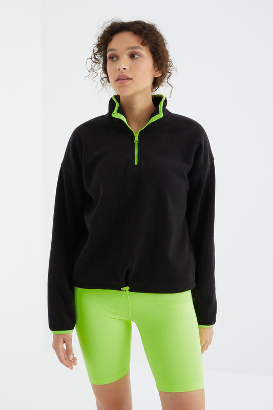 Black Half-Zip Skirt with Gathered Hem High Collar Oversize Women's Fleece Sweatshirt - 97234