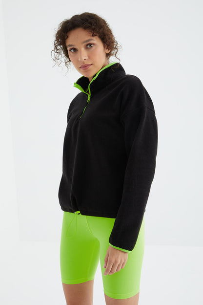 Black Half-Zip Skirt with Gathered Hem High Collar Oversize Women's Fleece Sweatshirt - 97234