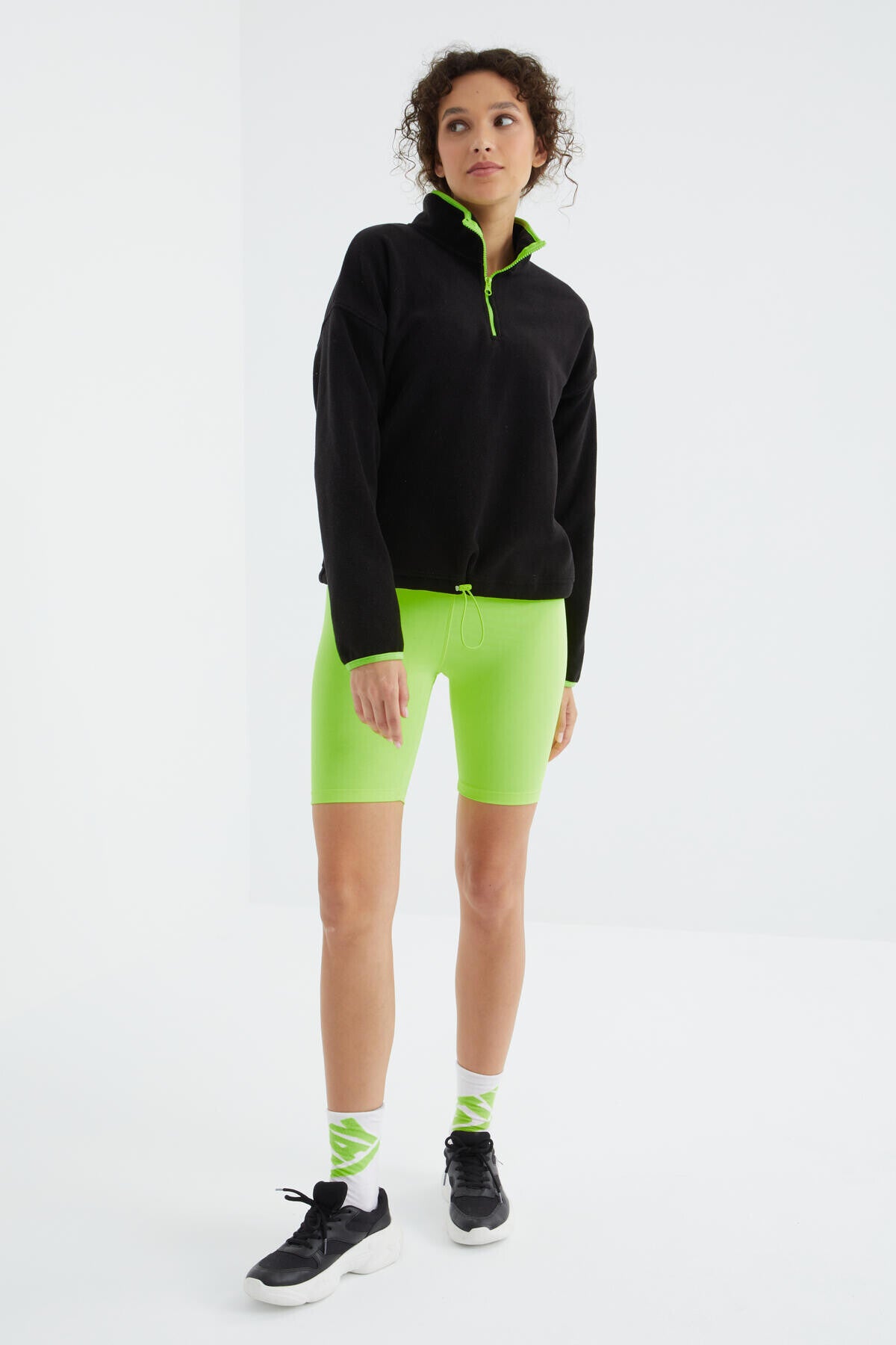Black Half-Zip Skirt with Gathered Hem High Collar Oversize Women's Fleece Sweatshirt - 97234