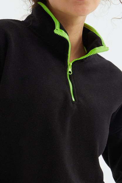 Black Half-Zip Skirt with Gathered Hem High Collar Oversize Women's Fleece Sweatshirt - 97234