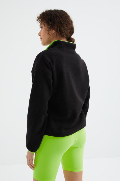 Black Half-Zip Skirt with Gathered Hem High Collar Oversize Women's Fleece Sweatshirt - 97234
