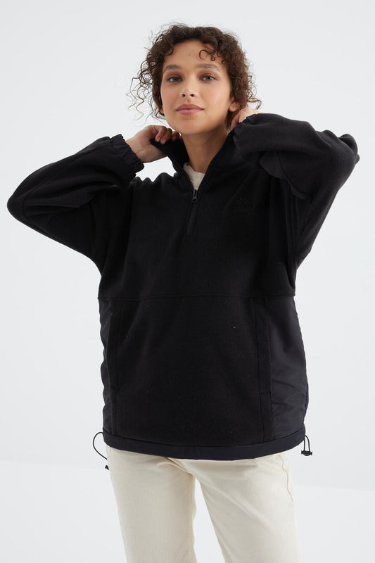 Black Half-Zip Skirt with Gathered Hem and High Collar Oversize Women's Fleece Sweatshirt - 97236