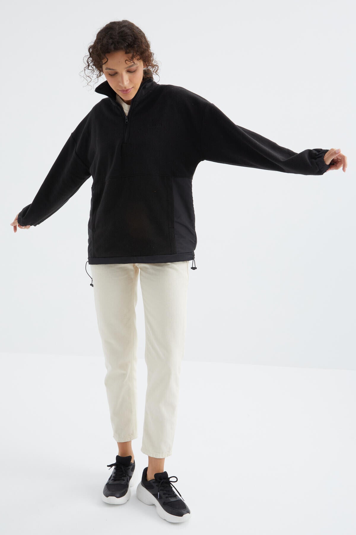 Black Half-Zip Skirt with Gathered Hem and High Collar Oversize Women's Fleece Sweatshirt - 97236