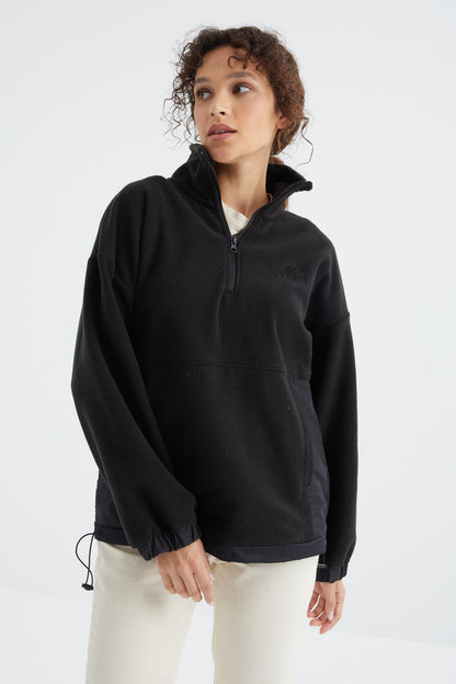 Black Half-Zip Skirt with Gathered Hem and High Collar Oversize Women's Fleece Sweatshirt - 97236