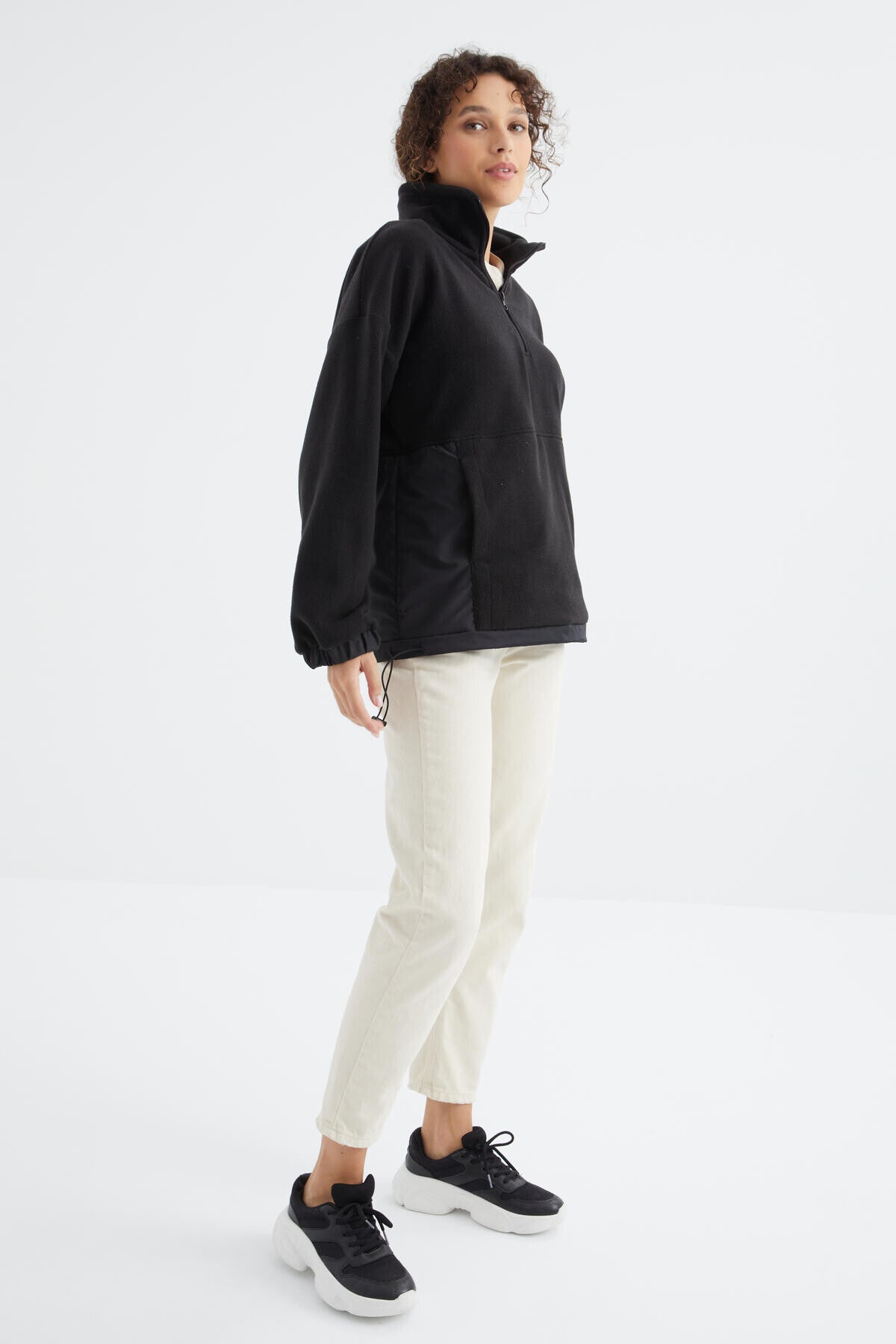 Black Half-Zip Skirt with Gathered Hem and High Collar Oversize Women's Fleece Sweatshirt - 97236
