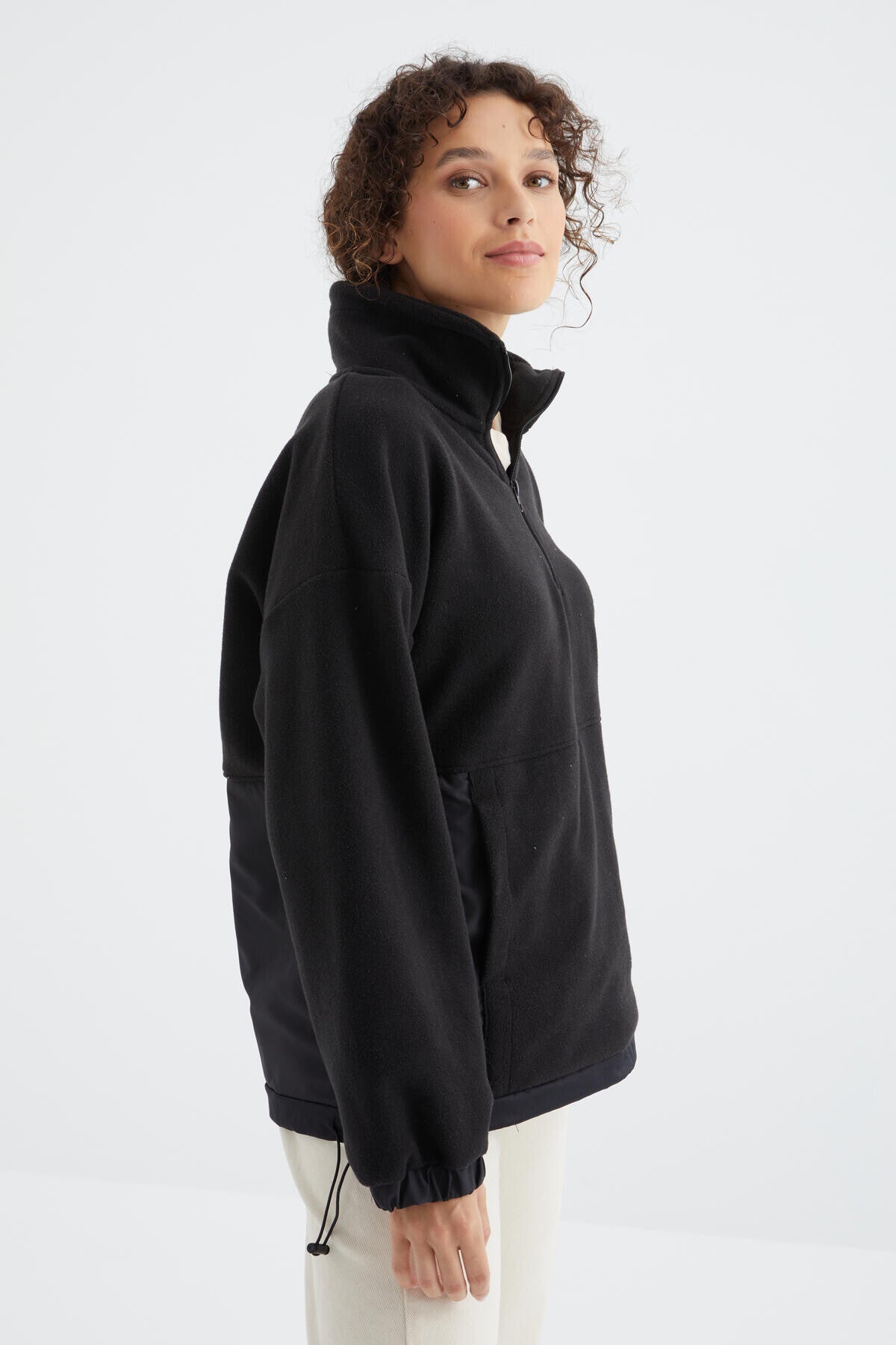 Black Half-Zip Skirt with Gathered Hem and High Collar Oversize Women's Fleece Sweatshirt - 97236