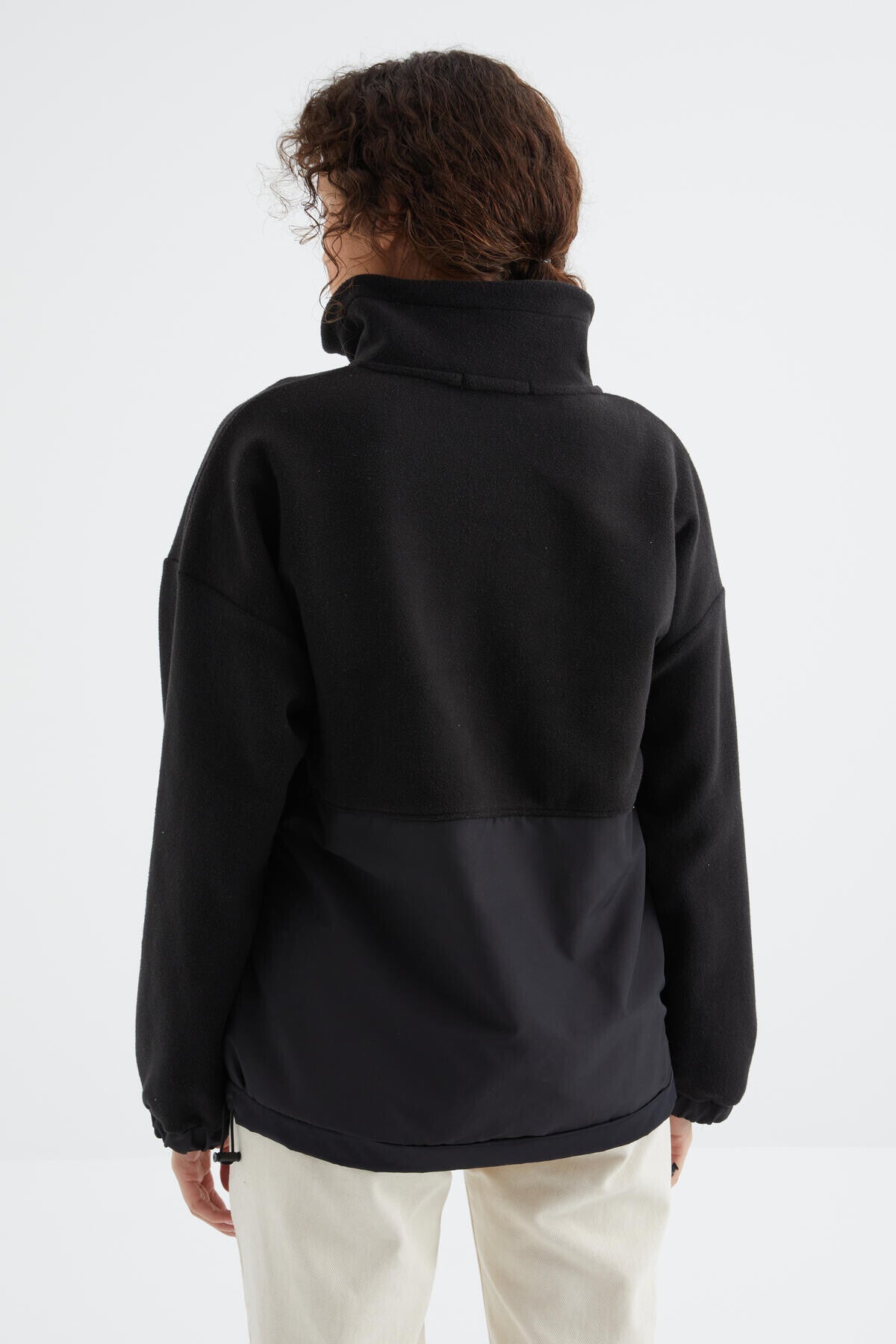 Black Half-Zip Skirt with Gathered Hem and High Collar Oversize Women's Fleece Sweatshirt - 97236