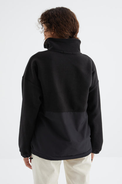 Black Half-Zip Skirt with Gathered Hem and High Collar Oversize Women's Fleece Sweatshirt - 97236