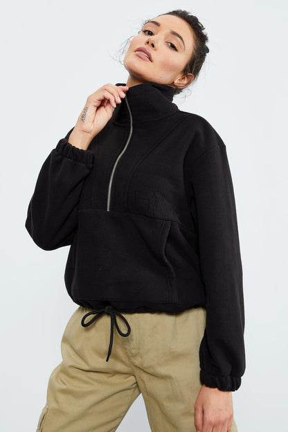 Black Half-Zip Skirt with Gathered Hem Women's Polar Oversize Sweatshirt - 97171