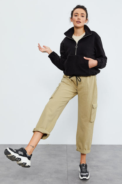 Black Half-Zip Skirt with Gathered Hem Women's Polar Oversize Sweatshirt - 97171