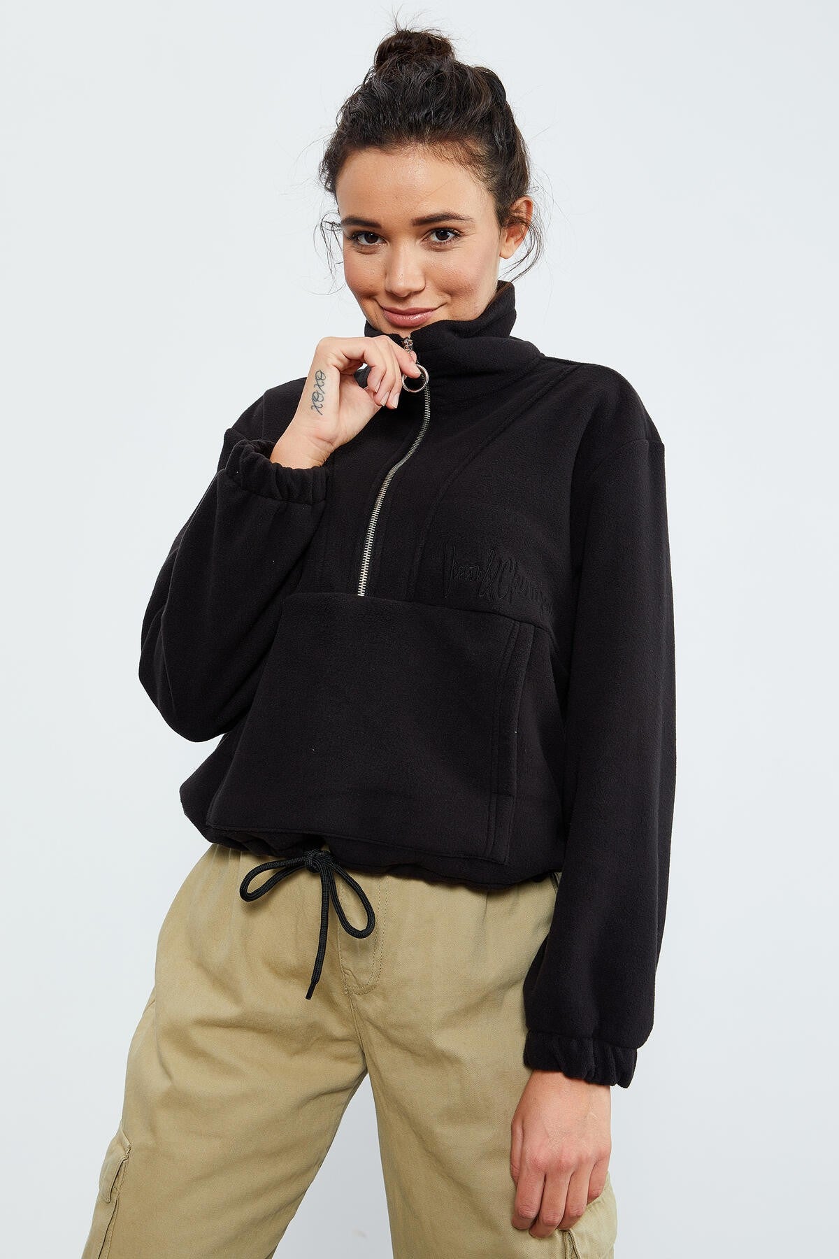 Black Half-Zip Skirt with Gathered Hem Women's Polar Oversize Sweatshirt - 97171