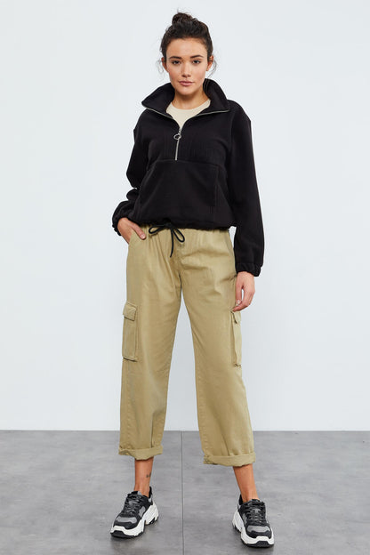 Black Half-Zip Skirt with Gathered Hem Women's Polar Oversize Sweatshirt - 97171