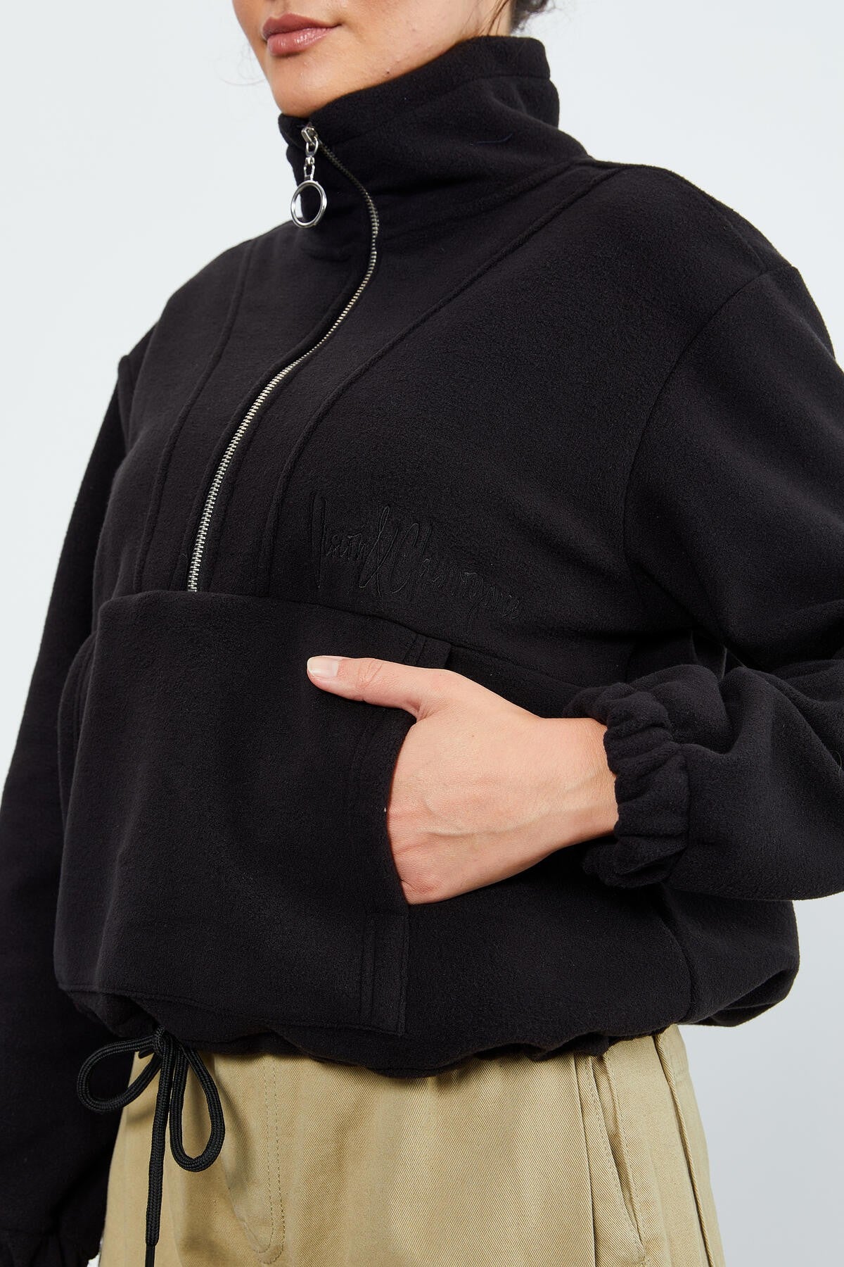 Black Half-Zip Skirt with Gathered Hem Women's Polar Oversize Sweatshirt - 97171