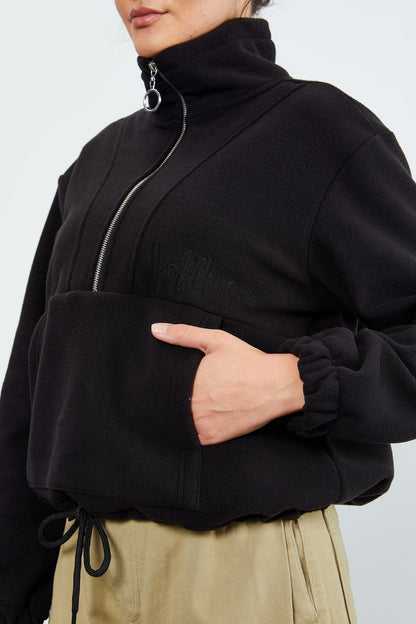 Black Half-Zip Skirt with Gathered Hem Women's Polar Oversize Sweatshirt - 97171