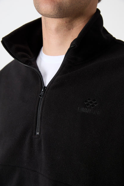 Black Half-Zip Sweatshirt Slim Fit Stand Collar Men's Fleece - 87891