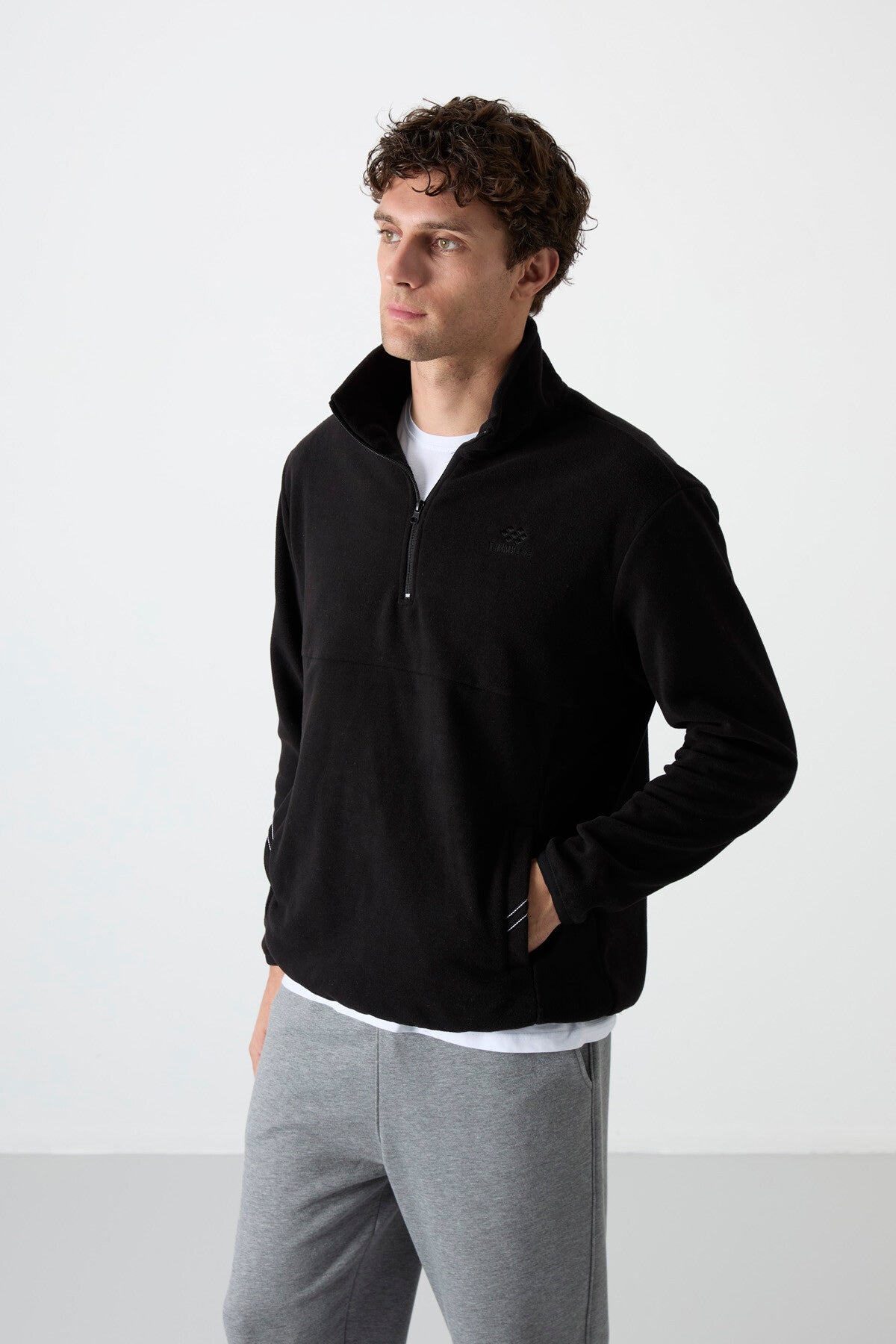 Black Half-Zip Sweatshirt Slim Fit Stand Collar Men's Fleece - 87891