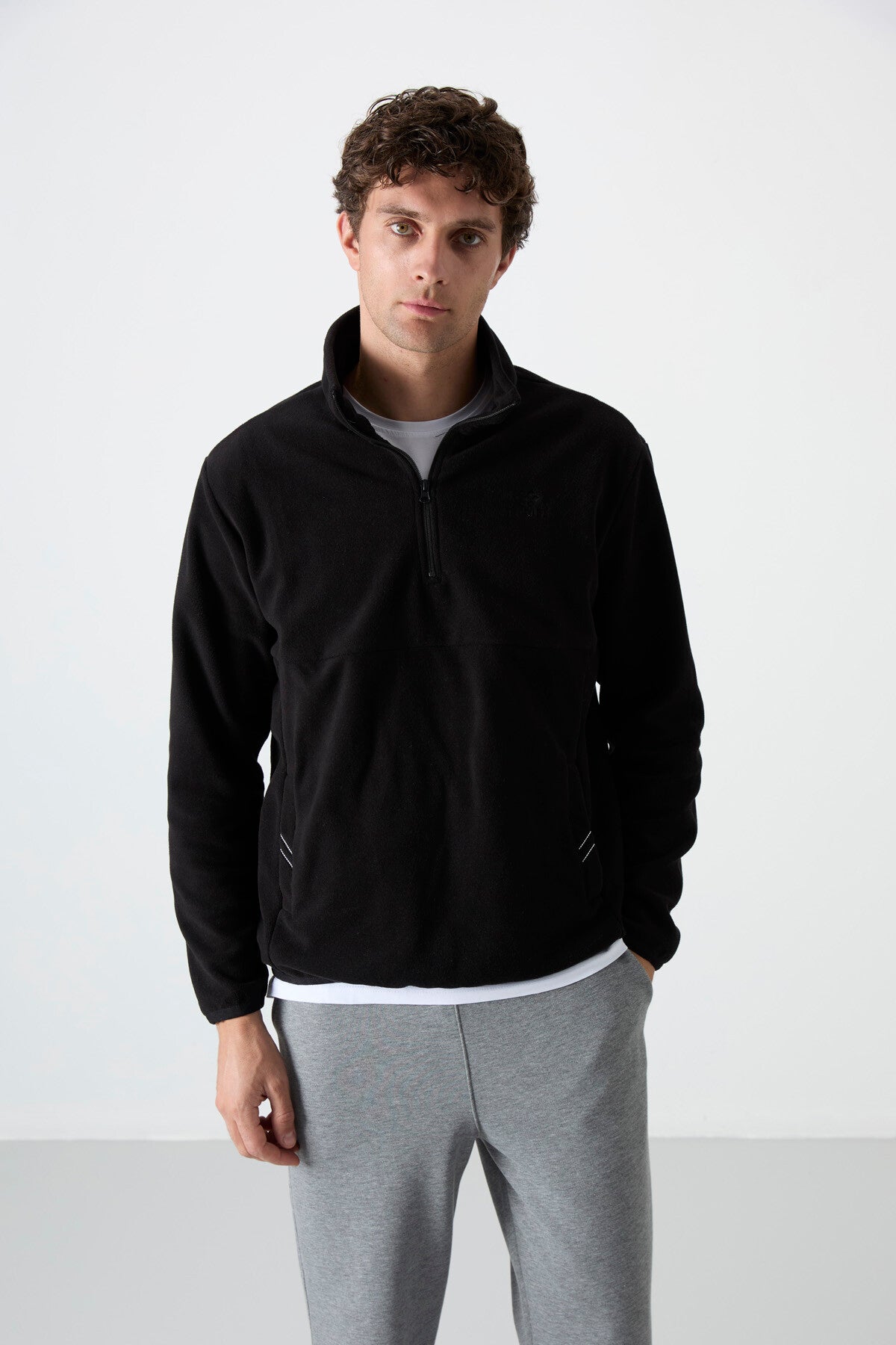 Black Half-Zip Sweatshirt Slim Fit Stand Collar Men's Fleece - 87891