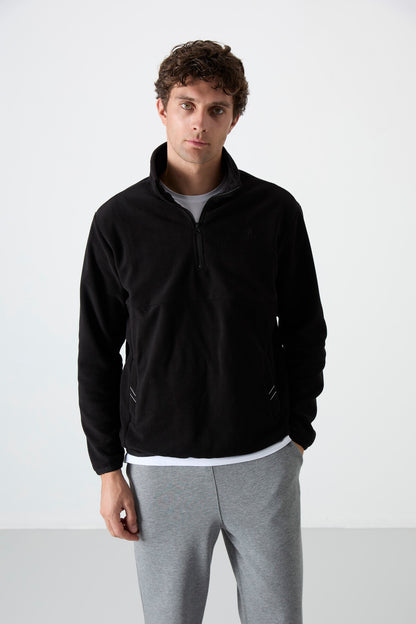 Black Half-Zip Sweatshirt Slim Fit Stand Collar Men's Fleece - 87891