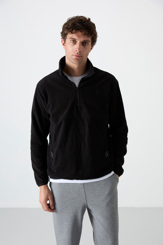 Black Half-Zip Sweatshirt Slim Fit Stand Collar Men's Fleece - 87891
