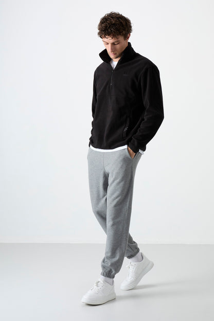 Black Half-Zip Sweatshirt Slim Fit Stand Collar Men's Fleece - 87891