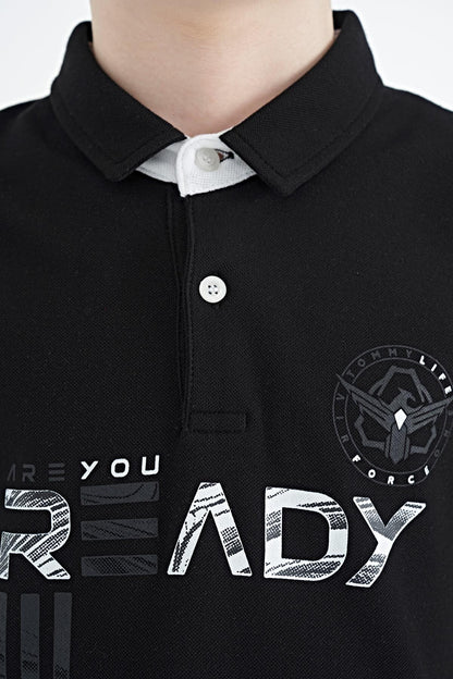Black Print Pattern Standard Fit Polo Collar Boys' T-Shirt - 11143